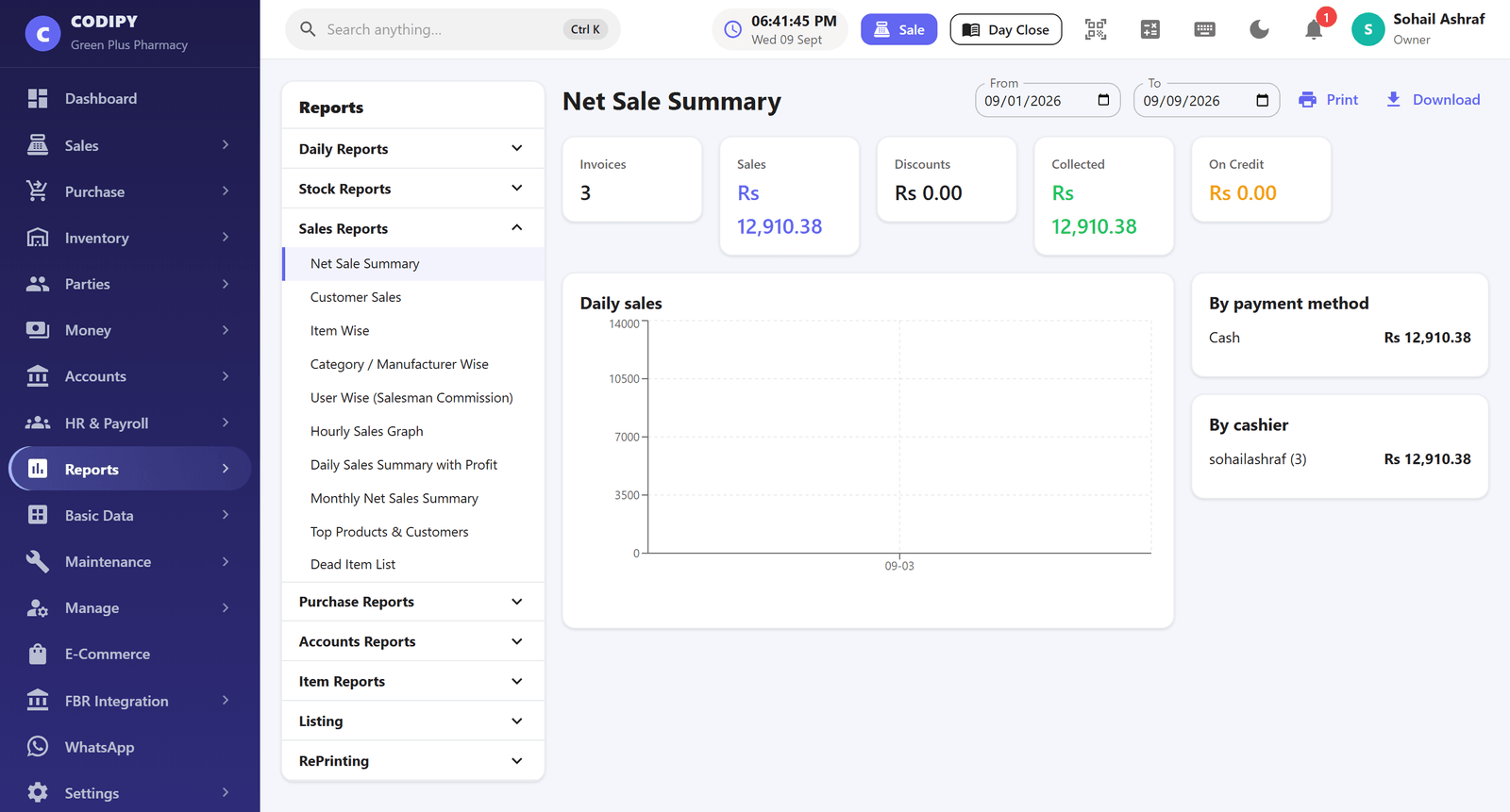 The reports screen with grouped report tree and a sales summary